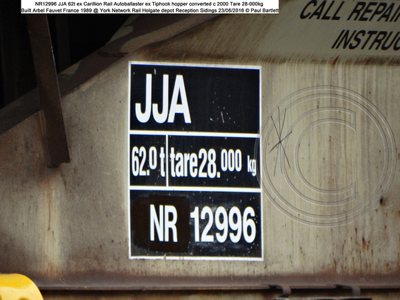 NR12996 JJA 62t Autoballaster ex Tiphook hopper converted c 2000 Built Arbel Fauvet France 1989 @ York Network Rail Holgate depot Reception Sidings 2016-06-23 © Paul Bartlett [2w]