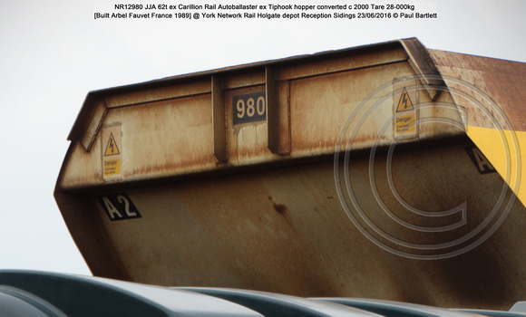 NR12980 JJA 62t Autoballaster ex Tiphook hopper converted c 2000 [Built Arbel Fauvet France 1989] @ York Network Rail Holgate depot Reception Sidings 2016-06-23 © Paul Bartlett [2w]