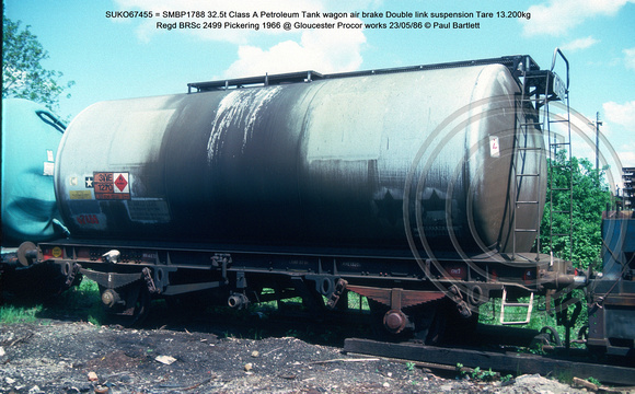 SUKO67455 = SMBP1788 32.5t Class A Petroleum Tank wagon air brake Regd BRSc 2499 Pickering 1966 @ Gloucester Procor works 86-05-23 © Paul Bartlett w