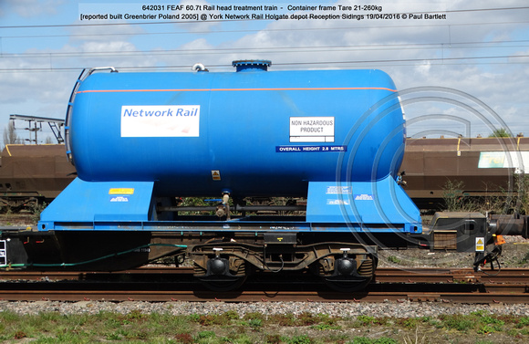 642031 FEAF Rail head treatment train – Container frame [Greenbrier Poland 2005] @ York Network Rail Holgate depot Reception Sidings 2016-04-19 © Paul Bartlett [4w]