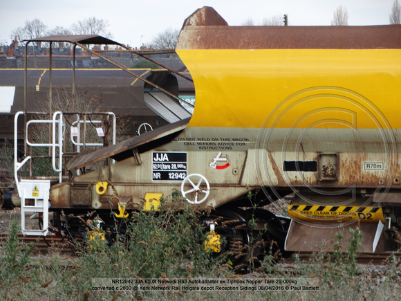 NR12942 JJA Network Rail Autoballaster Generator ex Tiphook hopper converted c 2000 @ York Network Rail Holgate depot Reception Sidings 2016-04-08 © Paul Bartlett [02w]