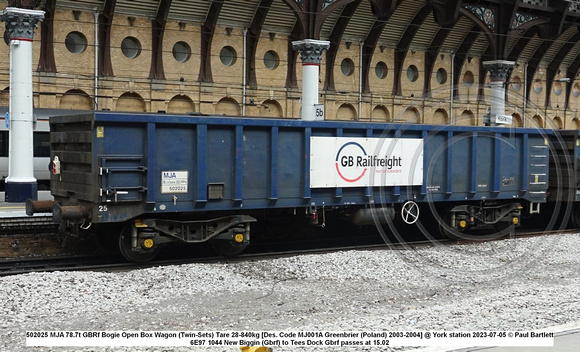 502025 MJA 78.7t GBRf Bogie Open Box Wagon (Twin-Sets) Tare 28-840kg [Des. Code MJ001A Greenbrier (Poland) 2003-2004] @ York station 2023-07-05 © Paul Bartlett w