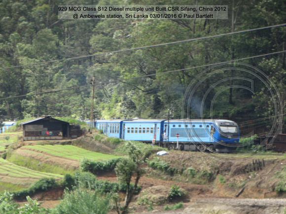 929 MCG Class S12 Diesel multiple unit Built CSR Sifang, China 2012 @ Ambewela station, Sri Lanka 2016-01-03 © Paul Bartlett [1w]
