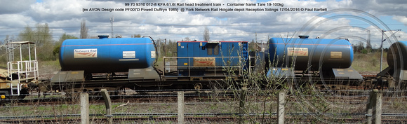 99 70 9310 012-8 KFA 61.6t Rail head treatment train – Container frame [ex AVON Design code PF007D Powell Duffryn 1985] @ York NR Holgate depot Reception Sidings 2016-04-17 © Paul Bartlett [3w]