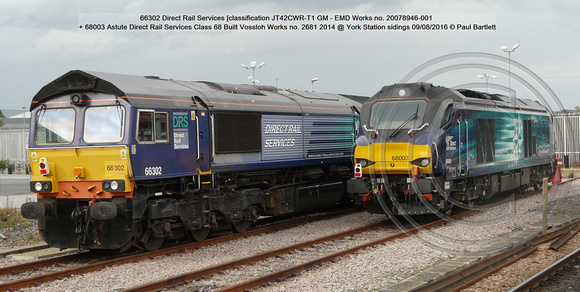 66302 DRS [JT42CWR-T1 GM - EMD Works no. 20078946-001] + 68003 Astute DRS Class 68 Built Vossloh Works no. 2681 2014 @ York Station sidings 2016-08-09 © Paul Bartlett