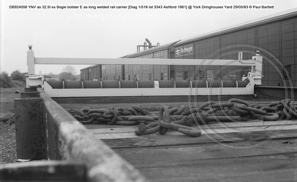 DB924056 YNV ex Bogie bolster E as long welded rail carrier Diag 1-516 @ York Dringhouses Yard 83-05-29 © Paul Bartlett [2w]