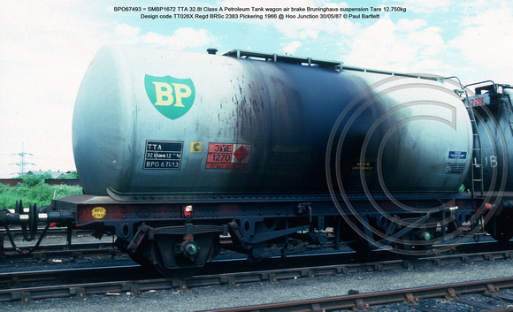 BPO67493 = SMBP1672 TTA 32.8t Class A Petroleum Tank wagon air brake Design code TT026X Regd BRSc 2383 Pickering 1966 @ Hoo Junction 87-05-30 © Paul Bartlett w