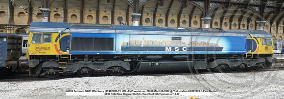 66709 Sorrento GBRf MSc livery [JT42CWR-T1  GM -EMD works no. 20018356-2 05-2002 @ York station 2023-07-05 © Paul Bartlett [2w]