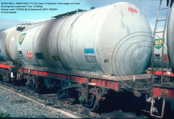 BPO67469 [= SMBP1648] TTA 32t Class A Petroleum Tank wagon air brake [Design code TT026X] @ Grangemouth MPD 91-08-16 © Paul Bartlett w