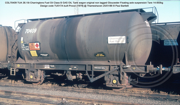 CGL70409 TUA Charringtons Fuel Oil Class B GAS OIL Tank wagon non lagged Gloucester Floating axle suspension  Design code TU017A built Procor [1979] @ Thameshaven 86-01-25 © Paul Bartlett w