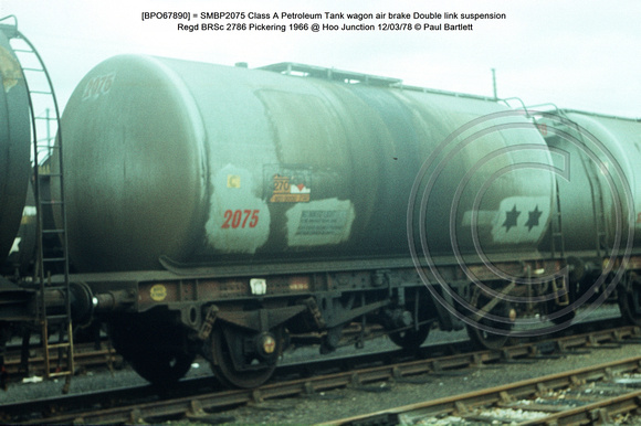 [BPO67890] = SMBP2075 Class A Petroleum Tank wagon air brake Double link suspension Regd BRSc 2786 Pickering 1966 @ Hoo Junction 78-03-12 © Paul Bartlett w