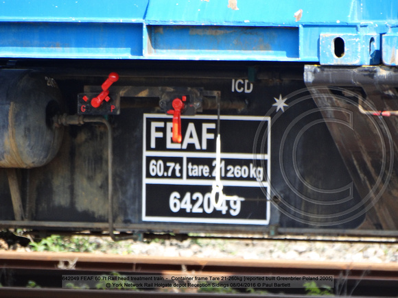 642049 FEAF Rail head treatment train – Container frame [Greenbrier Poland 2005] @ York Network Rail Holgate depot Reception Sidings 2016-04-08 © Paul Bartlett [5w]