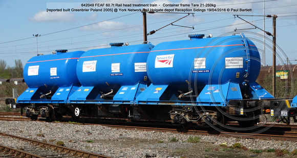 642049 FEAF Rail head treatment train – Container frame [Greenbrier Poland 2005] @ York Network Rail Holgate depot Reception Sidings 2016-04-19 © Paul Bartlett [1w]