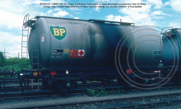 BPO67375 = SMBP1582 32. t Class A Petroleum Tank wagon air brake Design code TT088Q Regd BRM187219 Metro Cammel 1966 @ Hoo Junction 87-05-30  © Paul Bartlett w - Copy