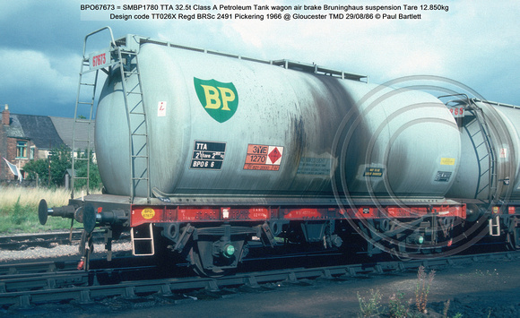 BPO67673 = SMBP1780 TTA Class A Petroleum Tank wagon air brake Bruninghaus suspension Design code TT026X Regd BRSc 2491 Pickering 1966 @ Gloucester TMD 86-08-29 © Paul Bartlett w