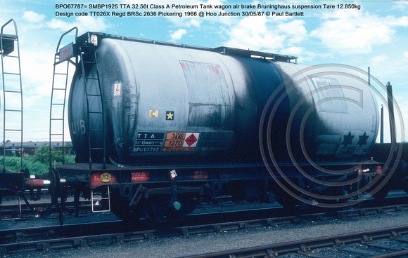 BPO67787= SMBP1925 TTA Class A Petroleum Tank wagon air brake Bruninghaus suspension Design code TT026X Regd BRSc 2636 Pickering 1966 @ Hoo Junction 87-05-30 © Paul Bartlett w