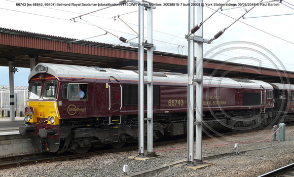 66743 [ex 66842, 66407] Belmond Royal Scotsman [classification JT42CWR Works No 20038515-7 built 2003] @ York Station sidings 2016-08-09 © Paul Bartlett [02w]
