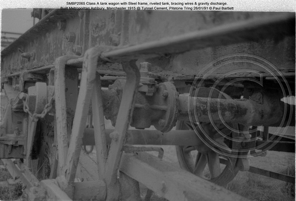 SMBP2065 tank wagon with Steel frame, riveted tank, bracing wires Built 1915 @ Tunnel Cement, Pitstone Tring 26-01-91 © Paul Bartlett [14w]