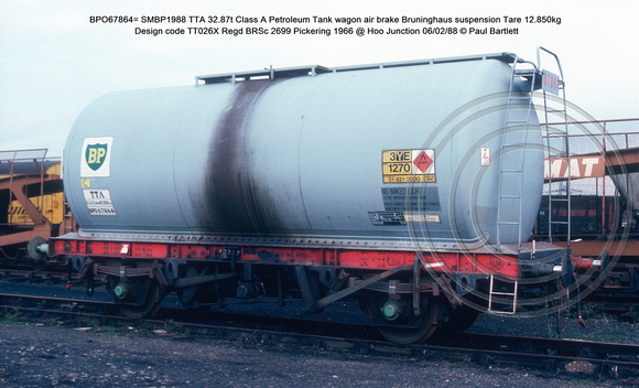 BPO67864= SMBP1988 TTA Class A Petroleum Tank wagon air brake Bruninghaus suspension Design code TT026X Regd BRSc 2699 Pickering 1966 @ Hoo Junction 88-02-06 © Paul Bartlett [2w]