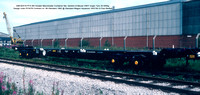 GMC92519 PFA 60t Greater Manchester Container flat, Sambre & Meuse VNH1 bogie Tare 20-000kg Design code PF007B Contract no. 88 Standard 1982 @ Standard Wagon Heywood 82-07-18 © Paul Bartlett [3w]