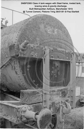 SMBP2065 tank wagon with Steel frame, riveted tank, bracing wires Built 1915 @ Tunnel Cement, Pitstone Tring 26-01-91 © Paul Bartlett [11w]