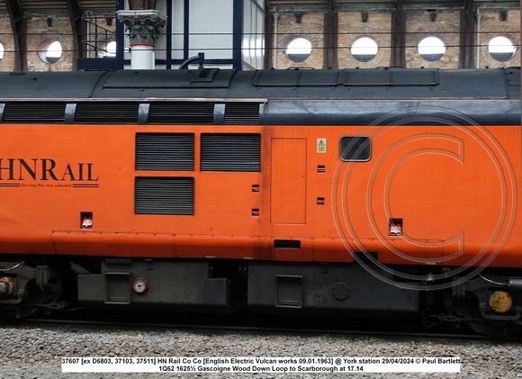 37607 [ex D6803, 37103, 37511] HN Rail Co Co [English Electric Vulcan works 09.01.1963] @ York station 2024-04-29 © Paul Bartlett [3w]