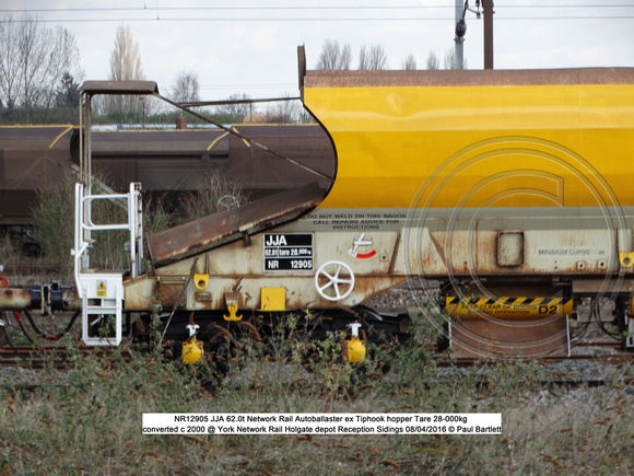 NR12905 JJA Network Rail Autoballaster ex Tiphook hopper converted c 2000 @ York Network Rail Holgate depot Reception Sidings 2016-04-08 © Paul Bartlett [02w]