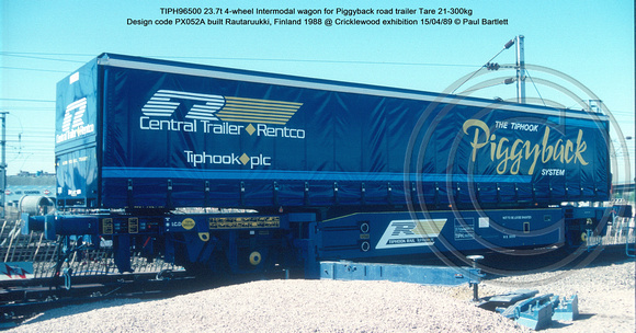 TIPH96500 4-wheel Intermodal wagon for Piggyback road trailer Design code PX052A built Rautaruukki, Finland 1988 @ Cricklewood exhibition 89-04-15 © Paul Bartlett [1w]