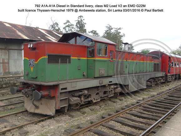 792 A1A-A1A Diesel class M2 Load V2 an EMD G22M built Thyssen-Henschel 1979 @ Ambewela station, Sri Lanka 2016-01-03 © Paul Bartlett [8w]