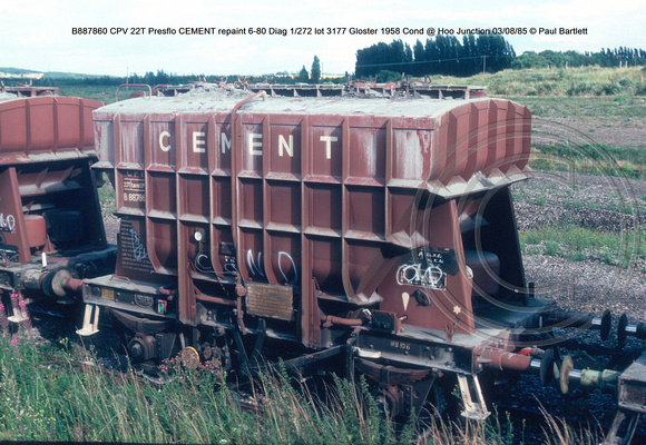 B887860 CPV 22T Presflo CEMENT repaint 6-80 Diag 1-272 lot 3177 Gloster 1958 Cond @ Hoo Junction 85-08-03 © Paul Bartlett w