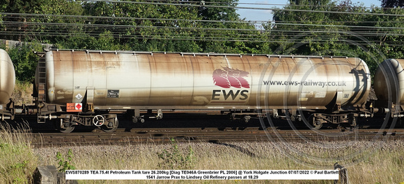 EWS870289 TEA 75.4t Petroleum Tank tare 26.200kg [Diag TE046A Greenbrier PL 2006] @ York Holgate Junction 2022-07-07 © Paul Bartlett w