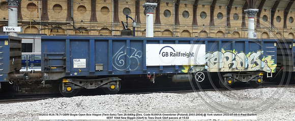 502033 MJA 78.7t GBRf Bogie Open Box Wagon (Twin-Sets) Tare 28-840kg [Des. Code MJ001A Greenbrier (Poland) 2003-2004] @ York station 2023-07-05 © Paul Bartlett w