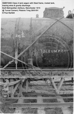 SMBP2065 tank wagon with Steel frame, riveted tank, bracing wires Built 1915 @ Tunnel Cement, Pitstone Tring 26-01-91 © Paul Bartlett [08w]