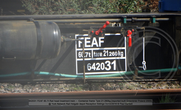 642031 FEAF Rail head treatment train – Container frame [Greenbrier Poland 2005] @ York Network Rail Holgate depot Reception Sidings 2016-04-08 © Paul Bartlett [2w]