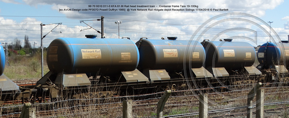99 70 9310 011-0 KFA 61.6t Rail head treatment train – Container frame [ex AVON Design code PF007D Powell Duffryn 1985] @ York NR Holgate depot Reception Sidings 2016-04-17 © Paul Bart [3w]