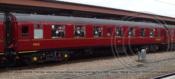 99121 Julia [ex 3105] Mk 1 First Open owned West Coast Railway Company [ [built Diag 73 Lot 30697 Swindon 1962] @ York Station 2016-06-18 © Paul Bartlett [1w]