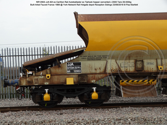 NR12953 JJA 62t Autoballaster ex Tiphook hopper converted c 2000 Built Arbel Fauvet France 1989 @ York Network Rail Holgate depot Reception Sidings 2016-06-23 © Paul Bartlett [3w]