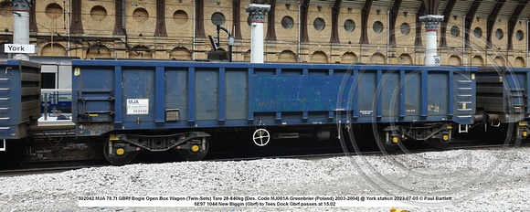 502042 MJA 78.7t GBRf Bogie Open Box Wagon (Twin-Sets) Tare 28-840kg [Des. Code MJ001A Greenbrier (Poland) 2003-2004] @ York station 2023-07-05 © Paul Bartlett w