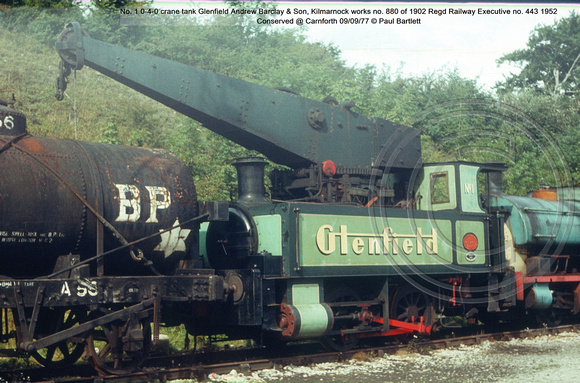 No. 1 0-4-0 crane tank Glenfield Andrew Barclay works no. 880 1902 Conserved @ Carnforth 77-09-09 © Paul Bartlett [1w]