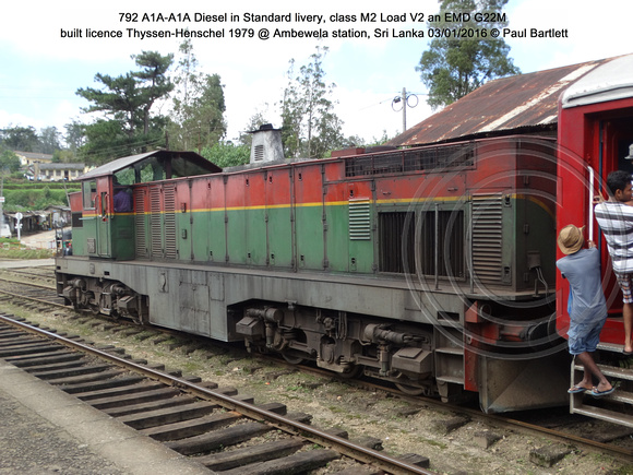 792 A1A-A1A Diesel class M2 Load V2 an EMD G22M built Thyssen-Henschel 1979 @ Ambewela station, Sri Lanka 2016-01-03 © Paul Bartlett [6w]