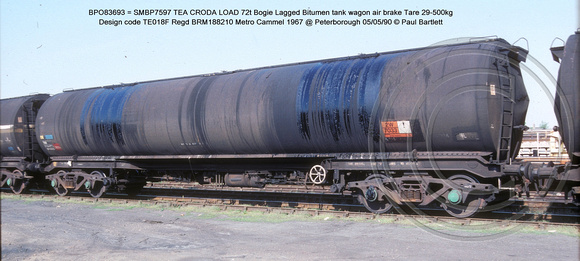 BPO83693 = SMBP7597 TEA CRODA Bogie Lagged oil tank wagon AB Design code TE018F @ Peterborough 90-05-05 � Paul Bartlett w