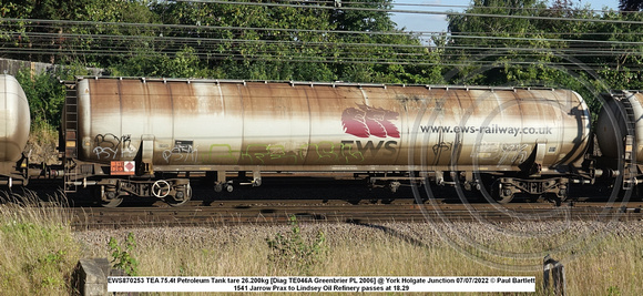 EWS870253 TEA 75.4t Petroleum Tank tare 26.200kg [Diag TE046A Greenbrier PL 2006] @ York Holgate Junction 2022-07-07 © Paul Bartlett w