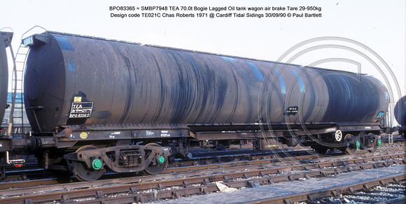 BPO83365 = SMBP7948 TEA Bogie Lagged Oil tank wagon AB Design code TE021C @ Cardiff Tidal Sidings 90-09-30 � Paul Bartlett w