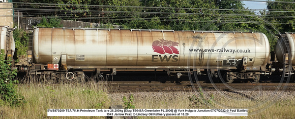 EWS870209 TEA 75.4t Petroleum Tank tare 26.200kg [Diag TE046A Greenbrier PL 2006] @ York Holgate Junction 2022-07-07 © Paul Bartlett w