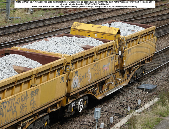 501310 MRA(D) 55.7t Network Rail Side Tip Ballast inner wagon Tare 33-230kg [Des code MR004D built Astro Vagoane,Trinity Rail, Romania 2004] @ York Holgate Junction 2023-07-28 © Paul Bartlett [1w]