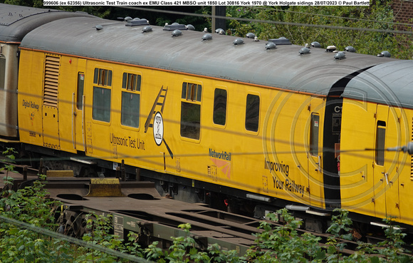 999606 (ex 62356) Ultrasonic Test Train coach ex EMU Class 421 MBSO unit 1850 Lot 30816 York 1970 @ York Holgate sidings 2023-07-28 © Paul Bartlett w