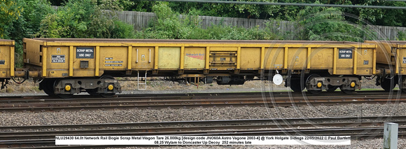 NLU29430 64.0t Network Rail Bogie Scrap metal Wagon Tare 26.000kg [design code JNO60A Astro Vagone 2003-4] @ York Holgate Sidings 2022-05-22 © Paul Bartlett w