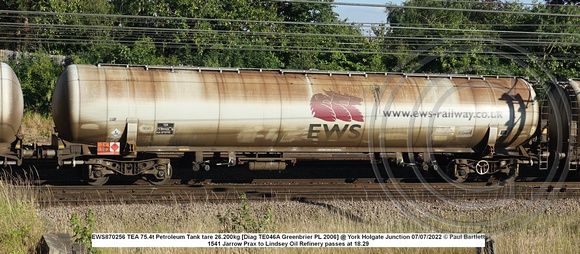 EWS870256 TEA 75.4t Petroleum Tank tare 26.200kg [Diag TE046A Greenbrier PL 2006] @ York Holgate Junction 2022-07-07 © Paul Bartlett w