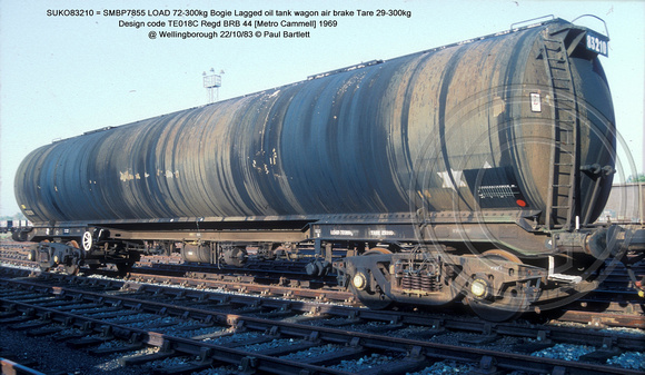 SUKO83210 = SMBP7855 Bogie Lagged oil tank wagon AB Design code TE018C @ Wellingborough 83-20-22 � Paul Bartlett w