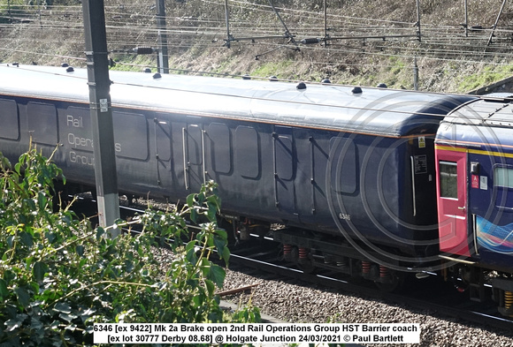 6346 [ex 9422] Mk 2a Brake open 2nd Rail Operations Group HST Barrier coach [ex lot 30777 Derby 08.68] @ Holgate Junction 2021-03-24 © Paul Bartlett [2w]